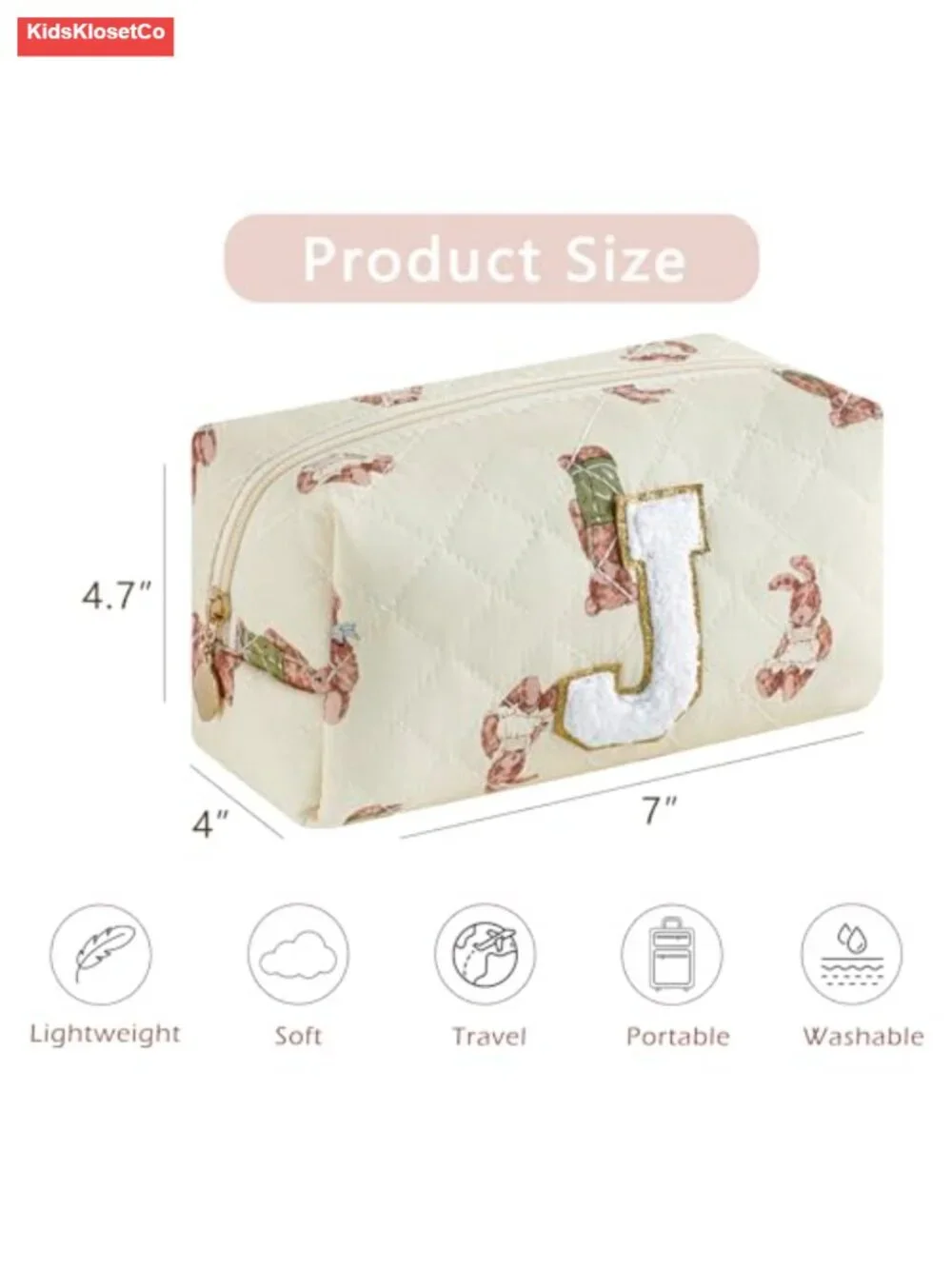 Personalized Quilted Chenille Letter Makeup Bag with Bear Pattern Travel